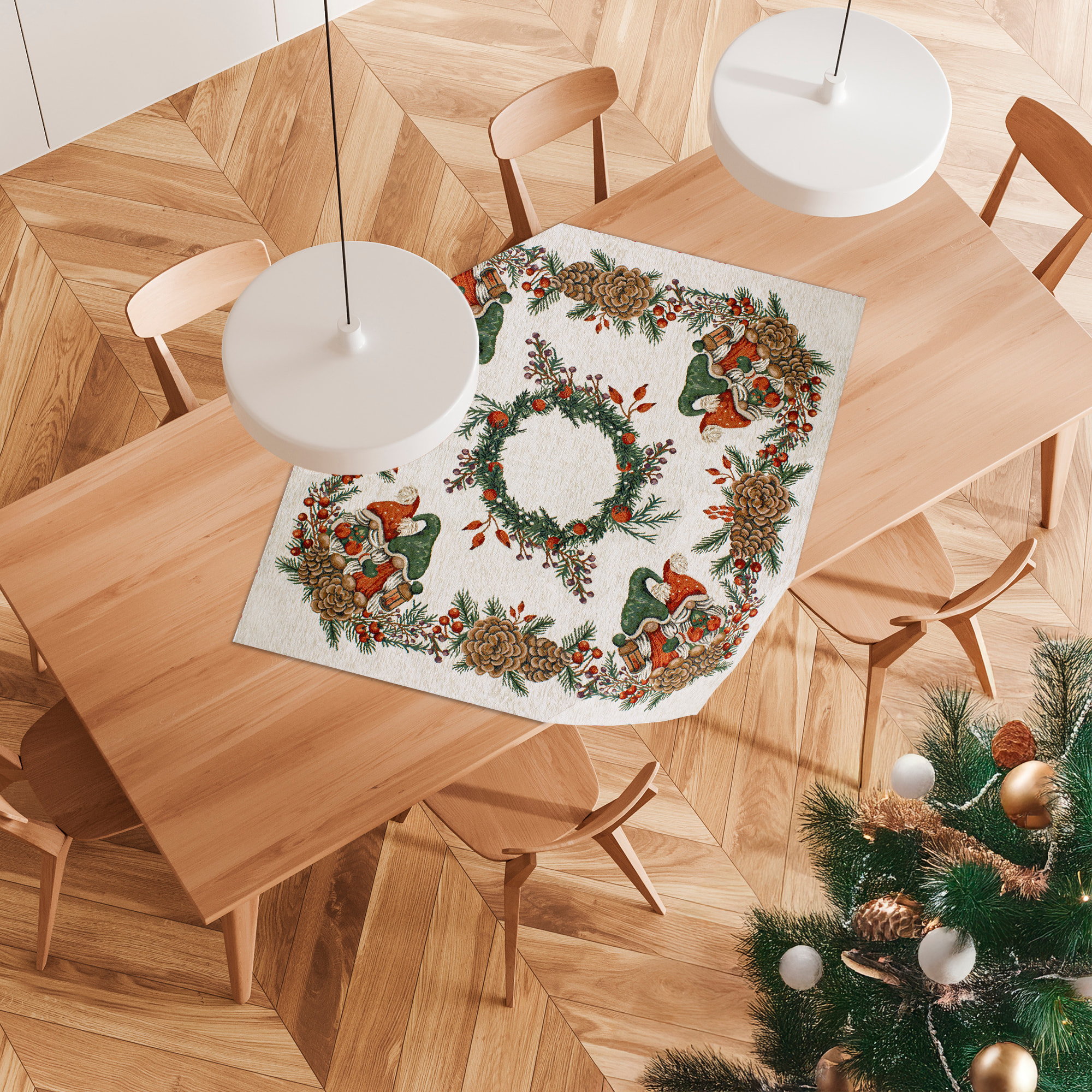 CENTROTAVOLA NATALIZIO JACQUARD GNOMI BACCHE