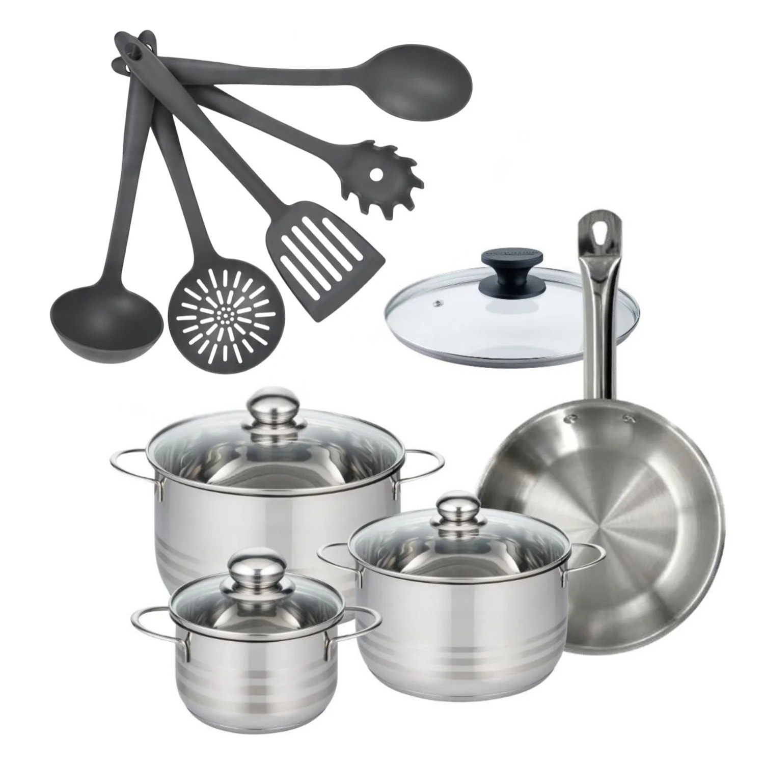 Set poêle en inox et couvercle, 3 faitouts inox et 5 ustensiles Fackelmann Eterna