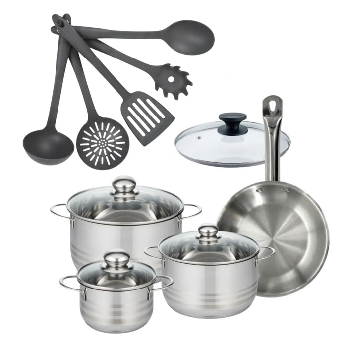 Set poêle en inox et couvercle, 3 faitouts inox et 5 ustensiles Fackelmann Eterna