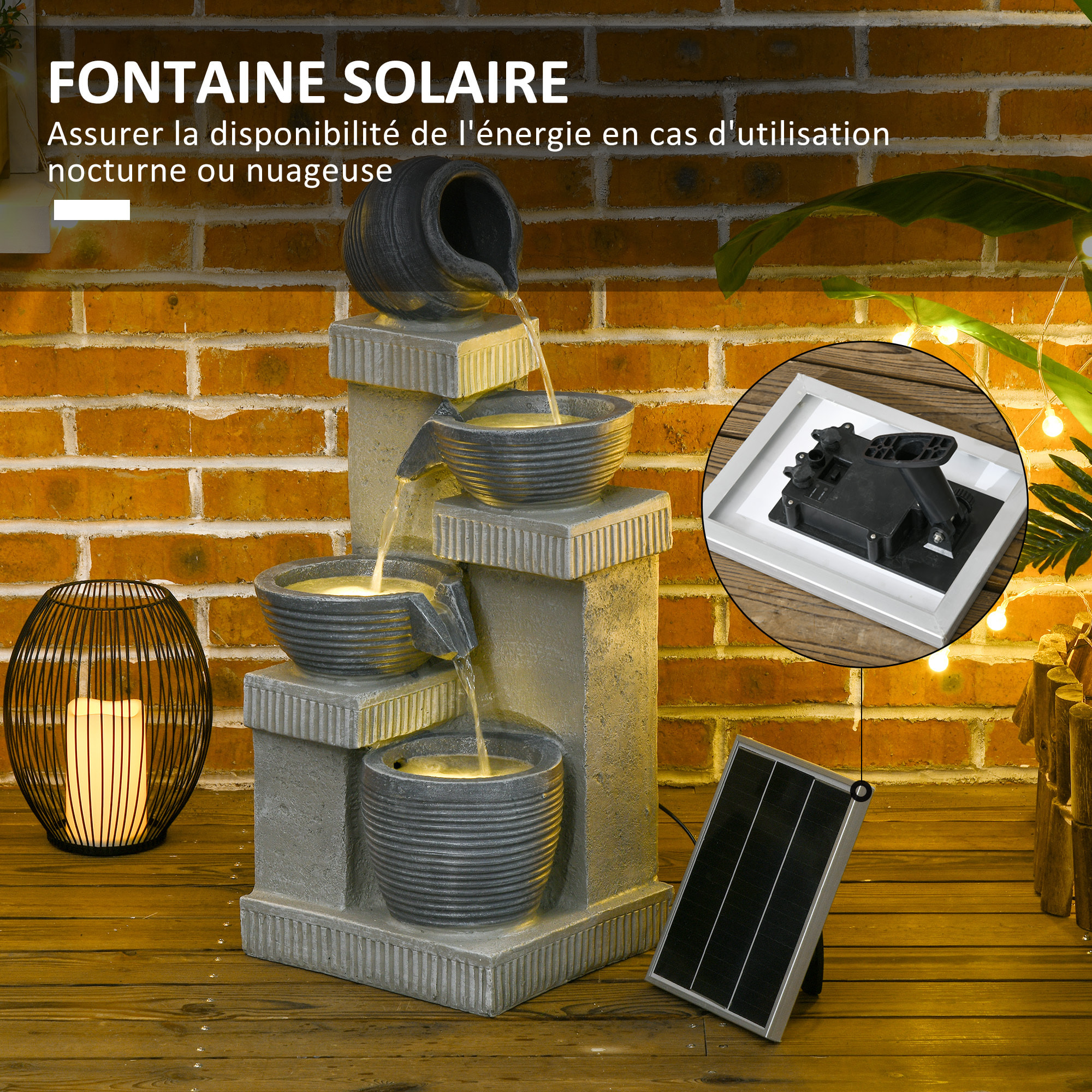 Fontaine de jardin à énergie solaire - fontaine cascade 4 niv. LED pompe incluse - résine gris