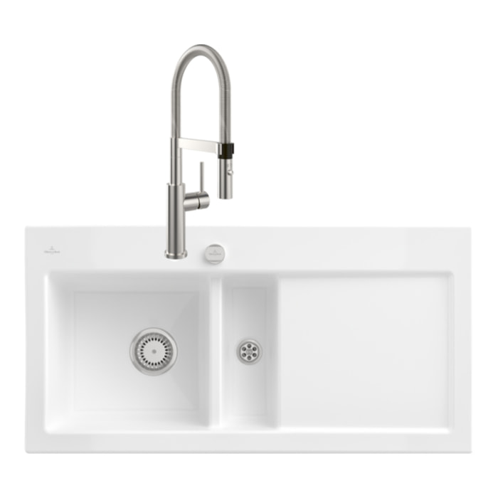 Evier Subway Pure 60 1 bac et demi égouttoir à droite vidage auto + Robinet Steel Expert 2.0 Acier Massif