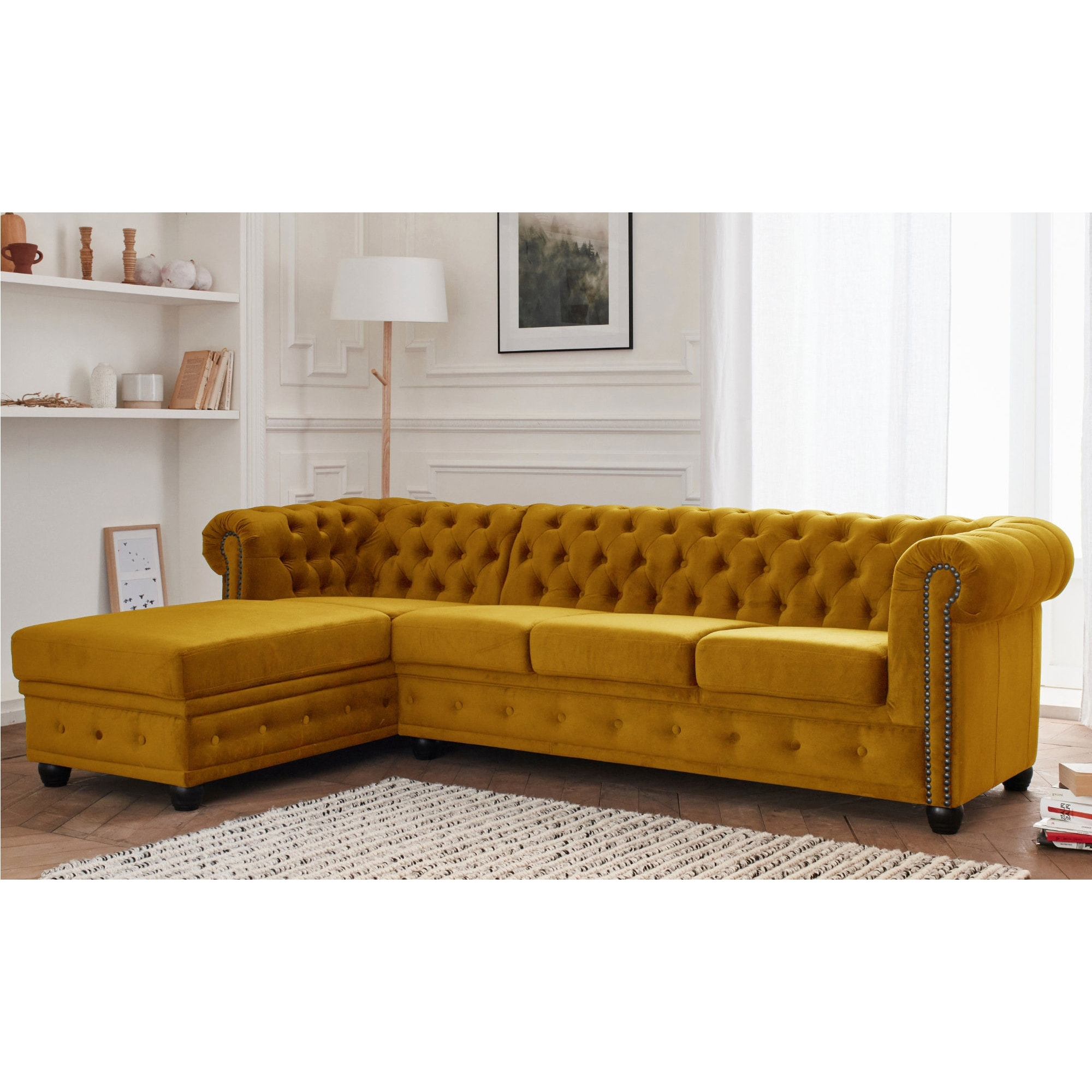 William - canapé Chesterfield d'angle gauche - 4 places - en velours - Jaune