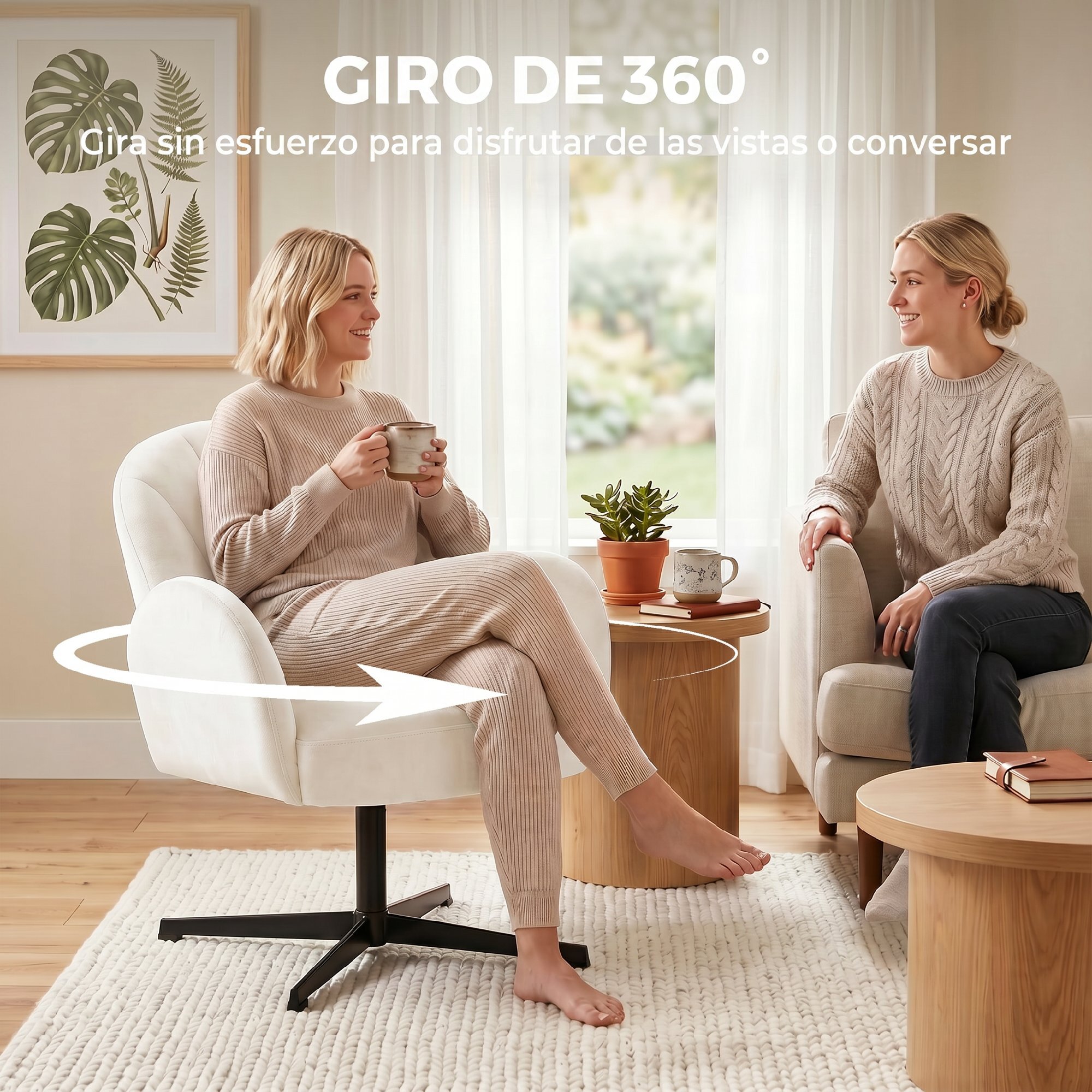 Sillón de Salón Giratorio, Butaca de Salón Tapizada en Terciopelo con Respaldo en Forma de Concha, Cojín con Resortes, Base Cruzada, Sillón de Relax para Dormitorio, Oficina, Estudio, Crema