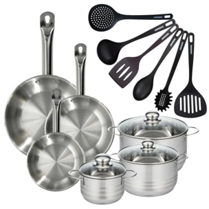 Set 3 poêles 20 24 28 cm en inox, 3 faitouts inox 16, 20 et 24 cm et 6 ustensiles RPET Fackelmann Eterna