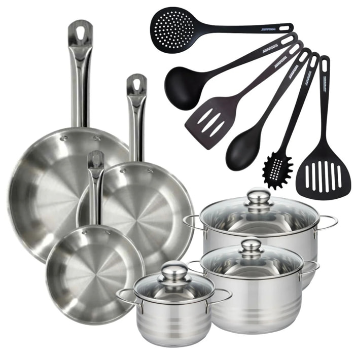 Set 3 poêles 20 24 28 cm en inox, 3 faitouts inox 16, 20 et 24 cm et 6 ustensiles RPET Fackelmann Eterna