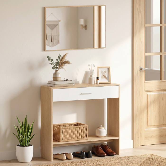 Recibidor de Entrada con Espejo, Cajón y Estante, Mueble de Recibidor de 2 Piezas con Mesa Consola y Espejo, Diseño Antivuelco, para Pasillo, 91,5x27,9x85,5 cm, Roble