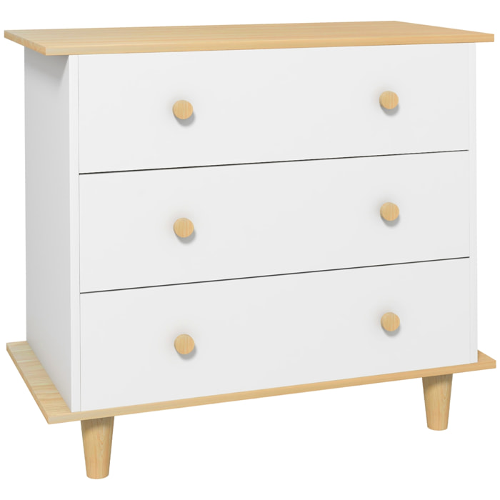 Commode design scandinave 3 tiroirs coulissants piètement effilé bois panneaux blanc aspect bois clair