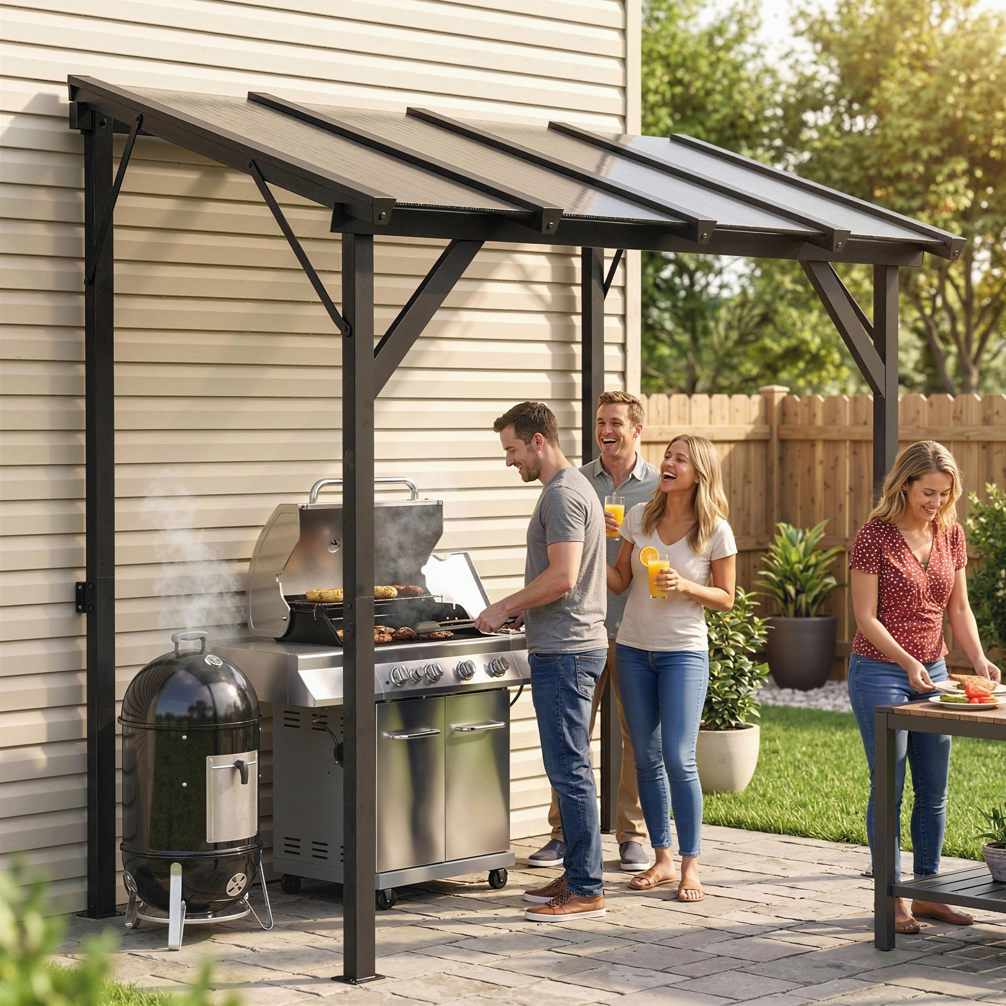 Pergola adossable barbecue acier alu polycarbonate