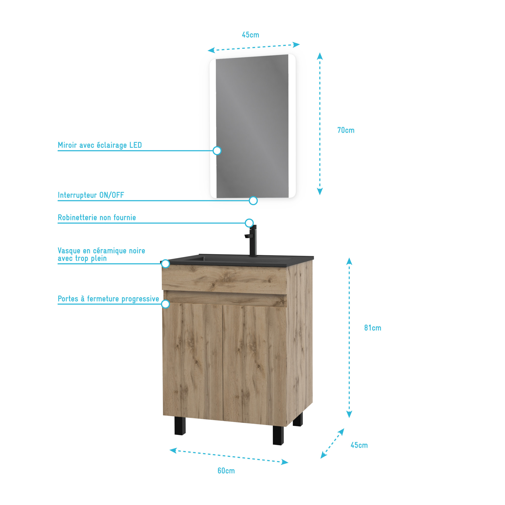 Meuble salle de bain 60x80 - Finition chene naturel - vasque noire + miroir Led - TIMBER 60 - Pack02