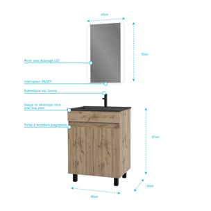 Meuble salle de bain 60x80 - Finition chene naturel - vasque noire + miroir Led - TIMBER 60 - Pack02