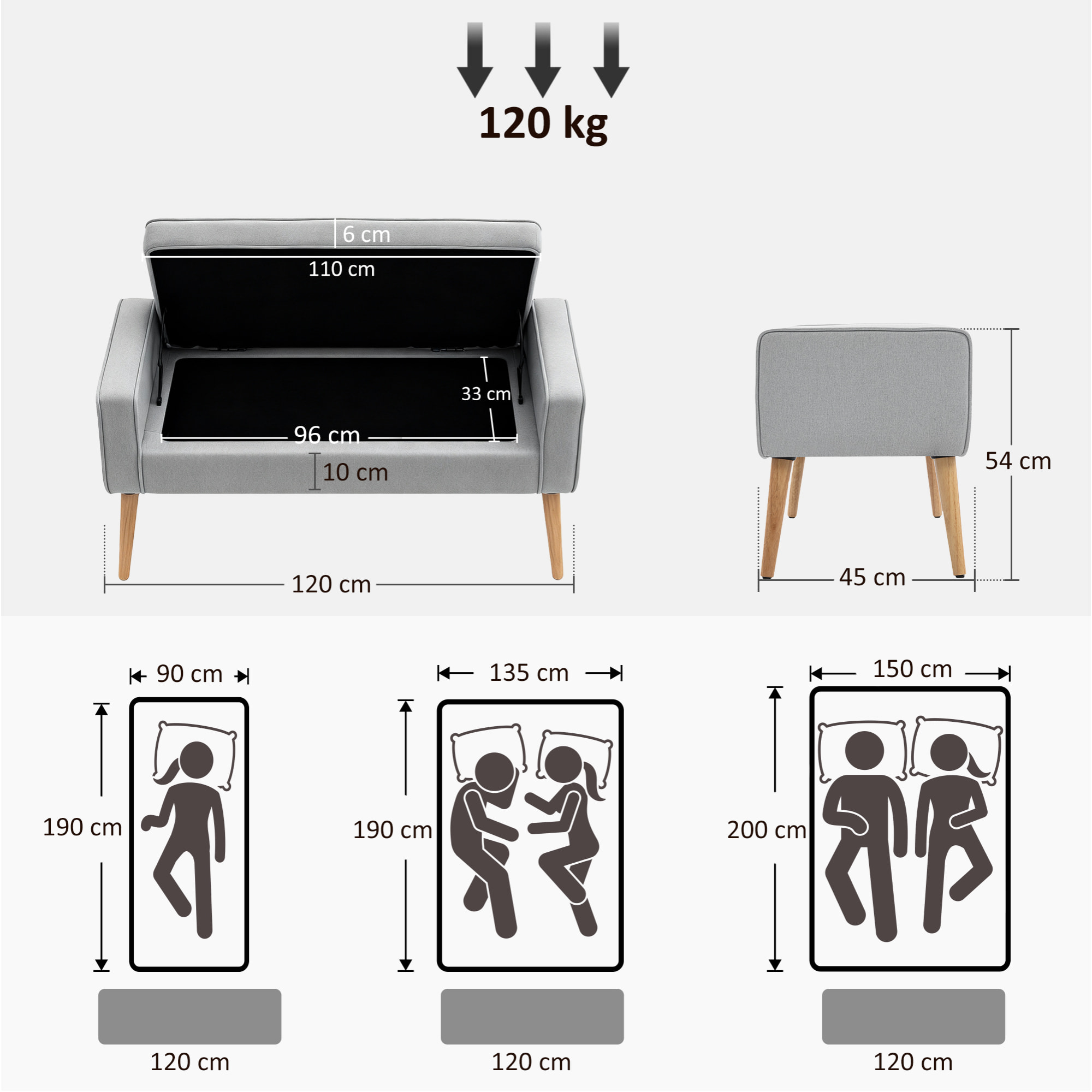 Puff Almacenaje Banco Almacenaje Tapizado en Lino Sintético con Tapa Abatible y Patas de Madera para Dormitorio Salón Entrada Carga 120 kg 120x45x54 cm Gris Claro