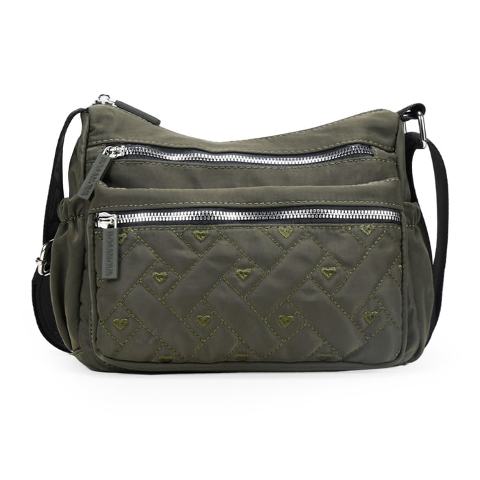 Bolso bandolera verde con cosido de corazones