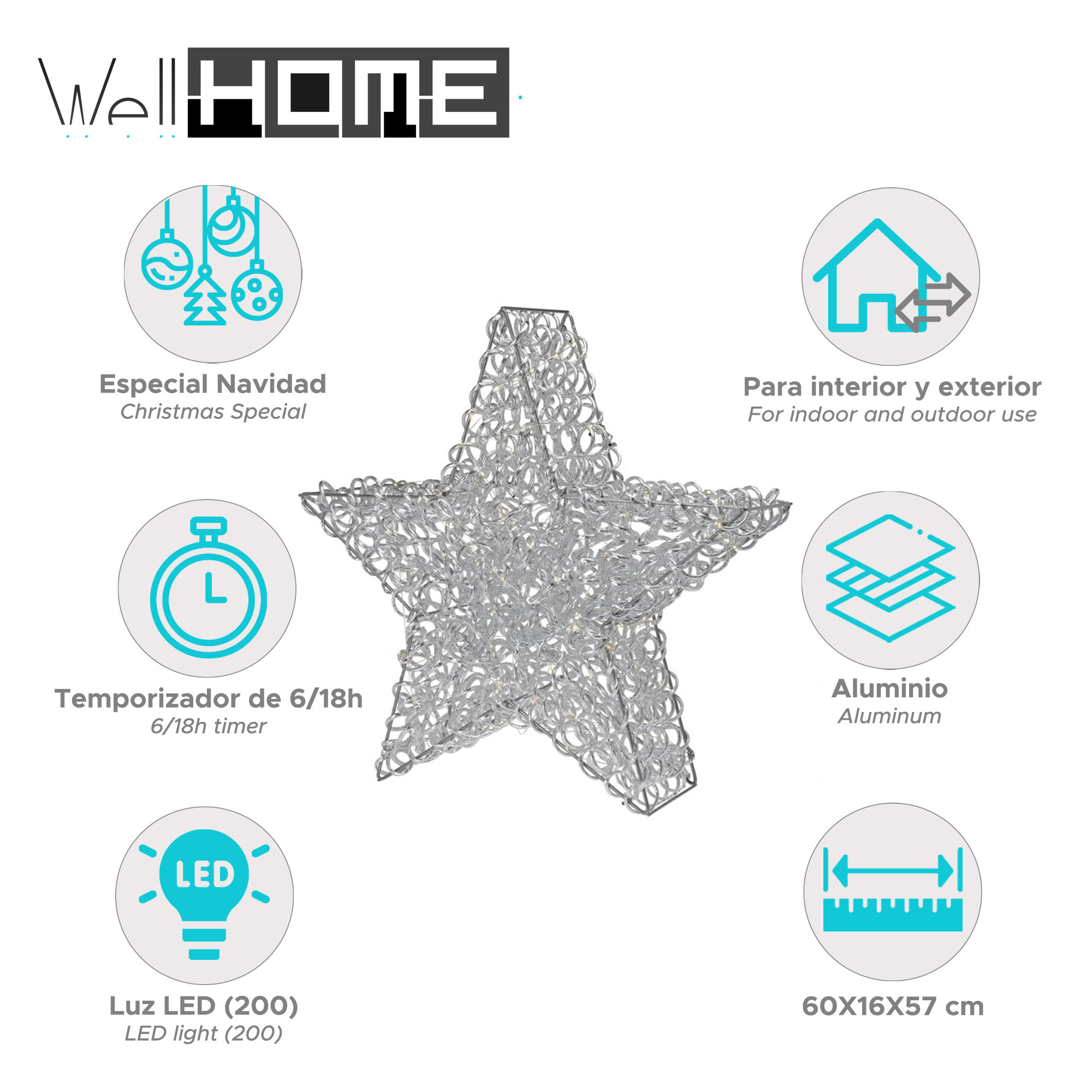 estrella de aluminio luminosa con 200 micro led 60x16x57cm