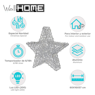 estrella de aluminio luminosa con 200 micro led 60x16x57cm