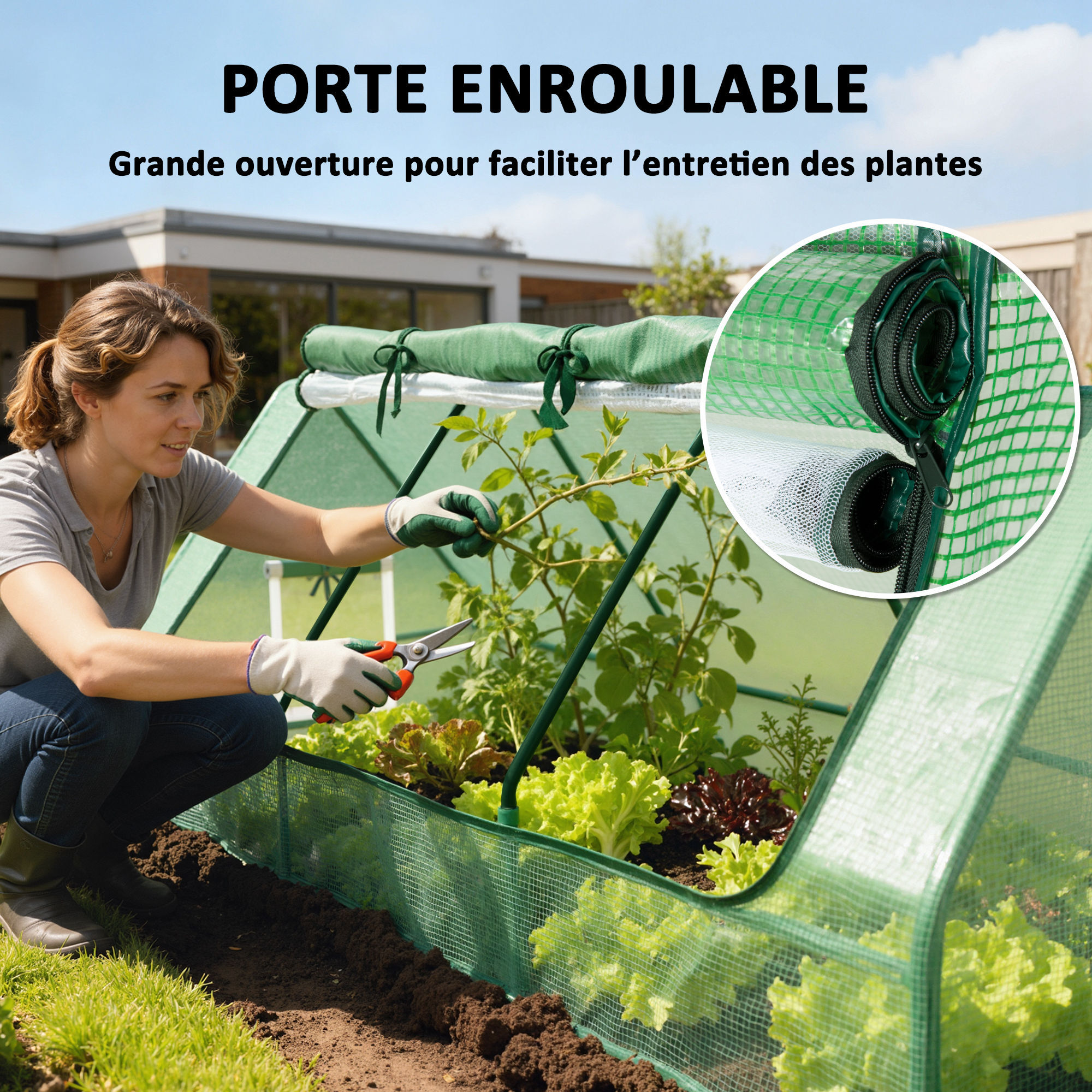 Mini serre de jardin 3 fenêtres en filet enroulables acier PE vert