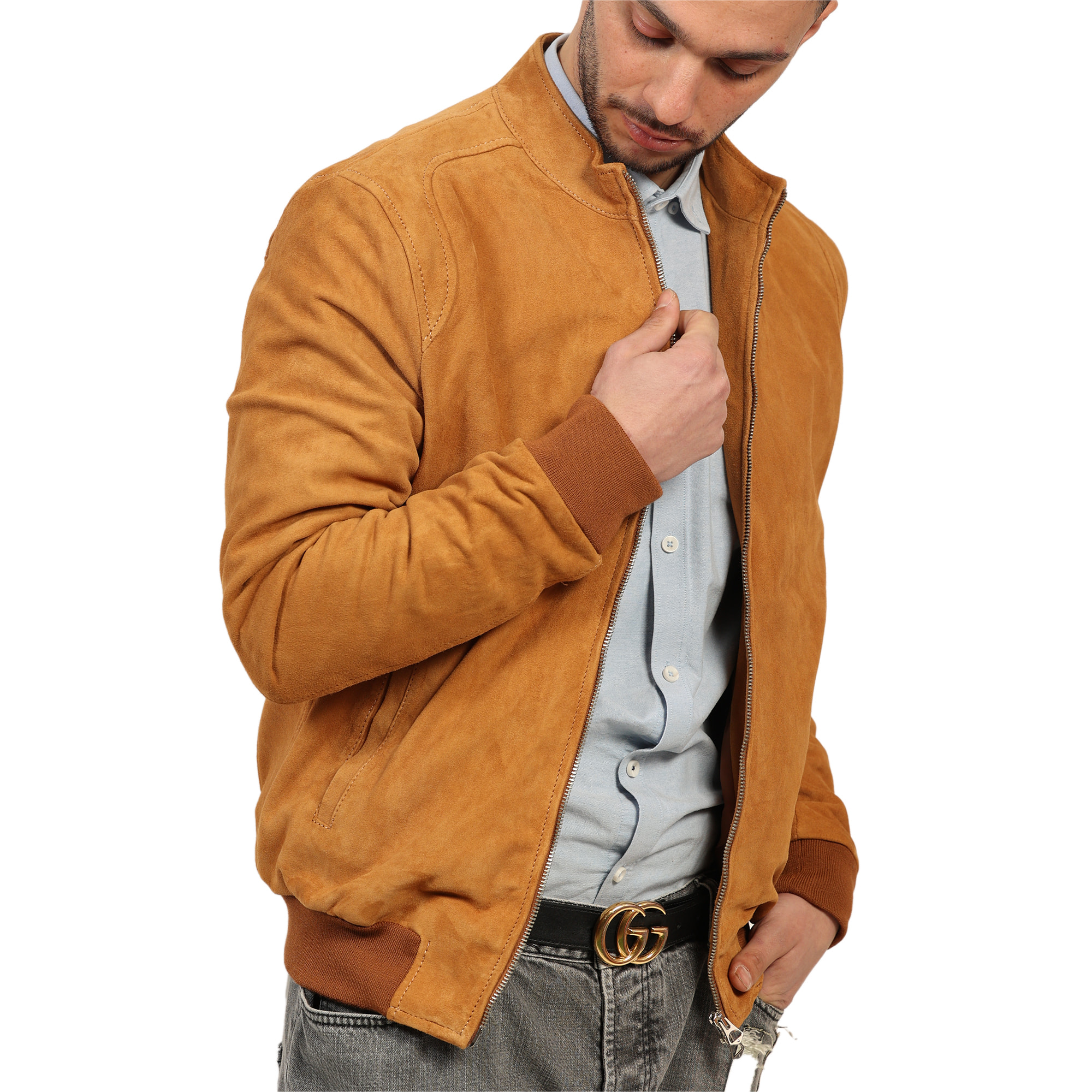 Giubbino in vera pelle di vitello scamosciata Cognac-Slim Fit