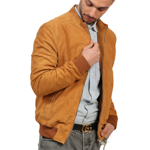 Giubbino in vera pelle di vitello scamosciata Cognac-Slim Fit