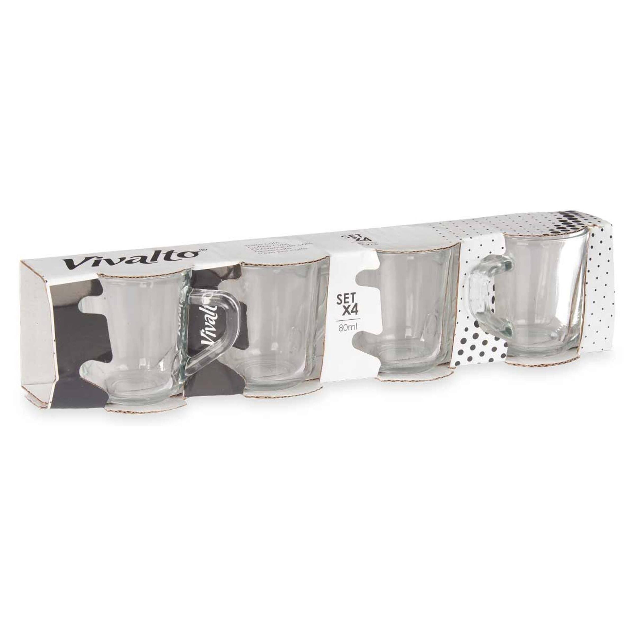 Set 4 tazas vidrio cafe con asa 80ml colección vivalto
