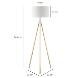 HOMCOM Lámpara de Pie con Trípode de Metal E27 Máx. 40W Pantalla de Tela e Interruptor de Pie Lámpara de Suelo Moderna para Salón Dormitorio Ø53x144 cm Blanco y Dorado