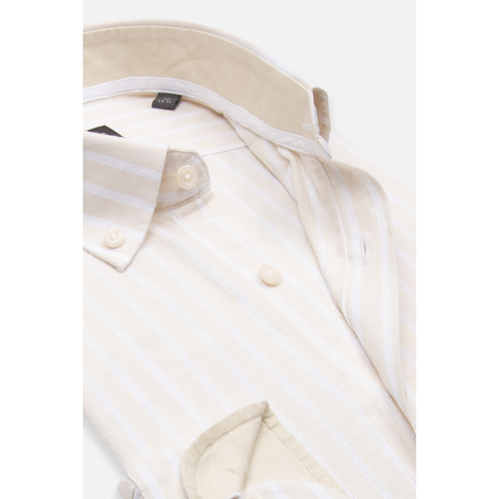 camicia uomo 1 bottone button down slim Lino Cotone Riga Larga Beige e Bianco