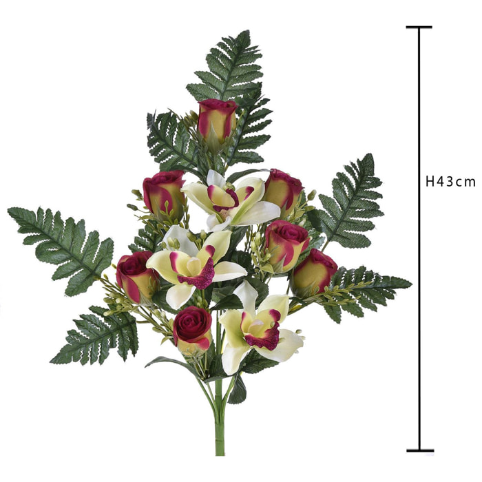 Bouquet Frontale Di Cymbidium E Rose. Altezza 43 Cm - Pezzi 4 - 16X43X15cm - Colore: Rosa - Bianchi Dino - Fiori Artificiali
