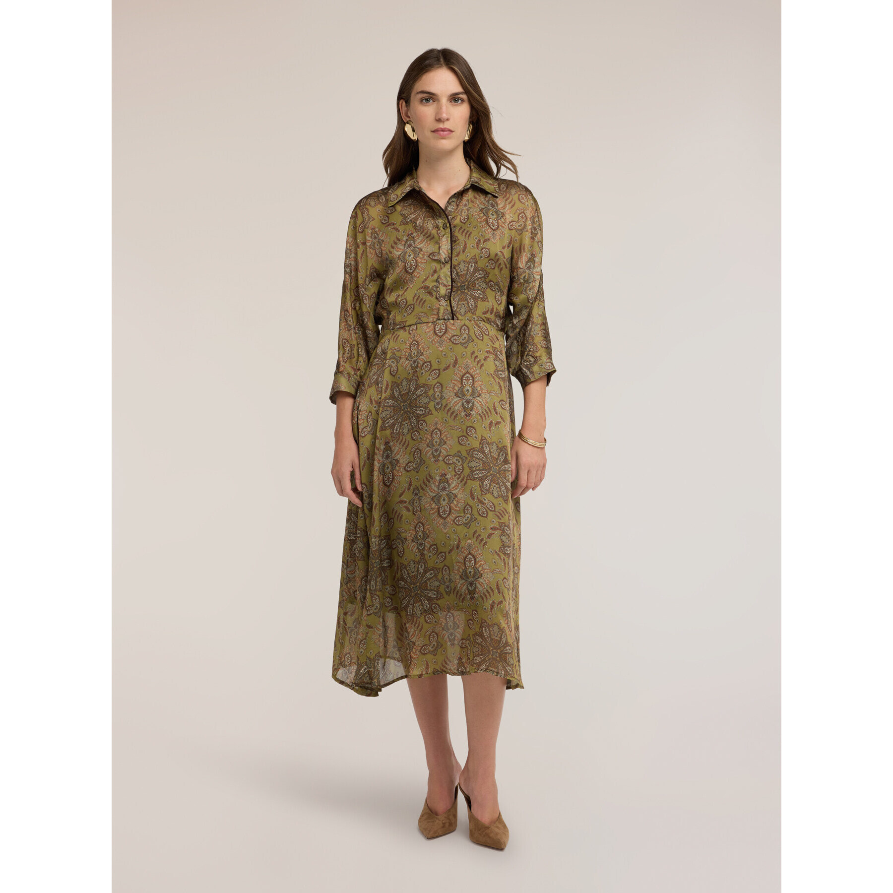 Motivi - Vestido camisero de satén con estampado - Verde militare