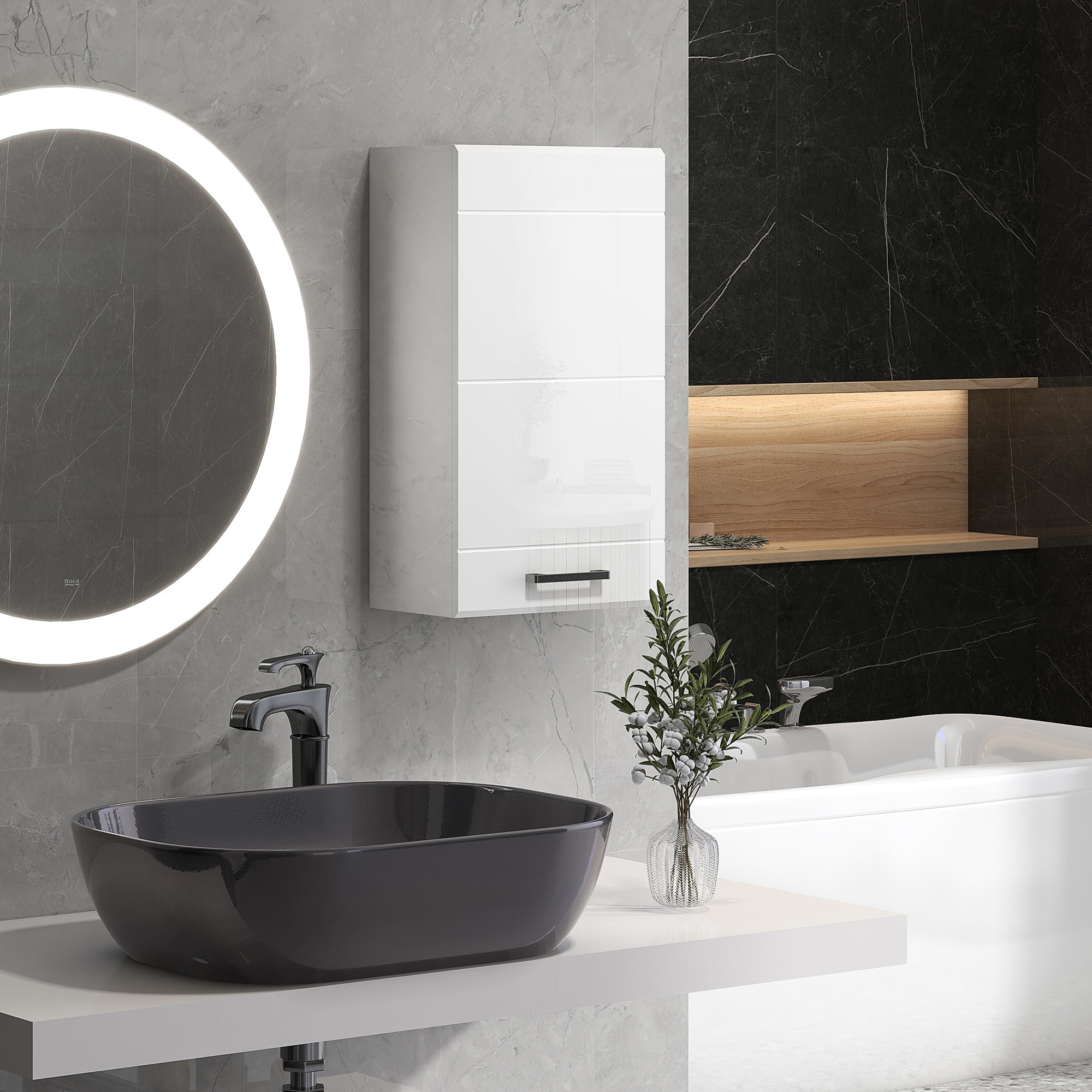 Armario de Baño de Pared, Mueble de Baño Colgar con Estante Ajustable, para Cocina, Lavadero, Dormitorio, Blanco Brillo