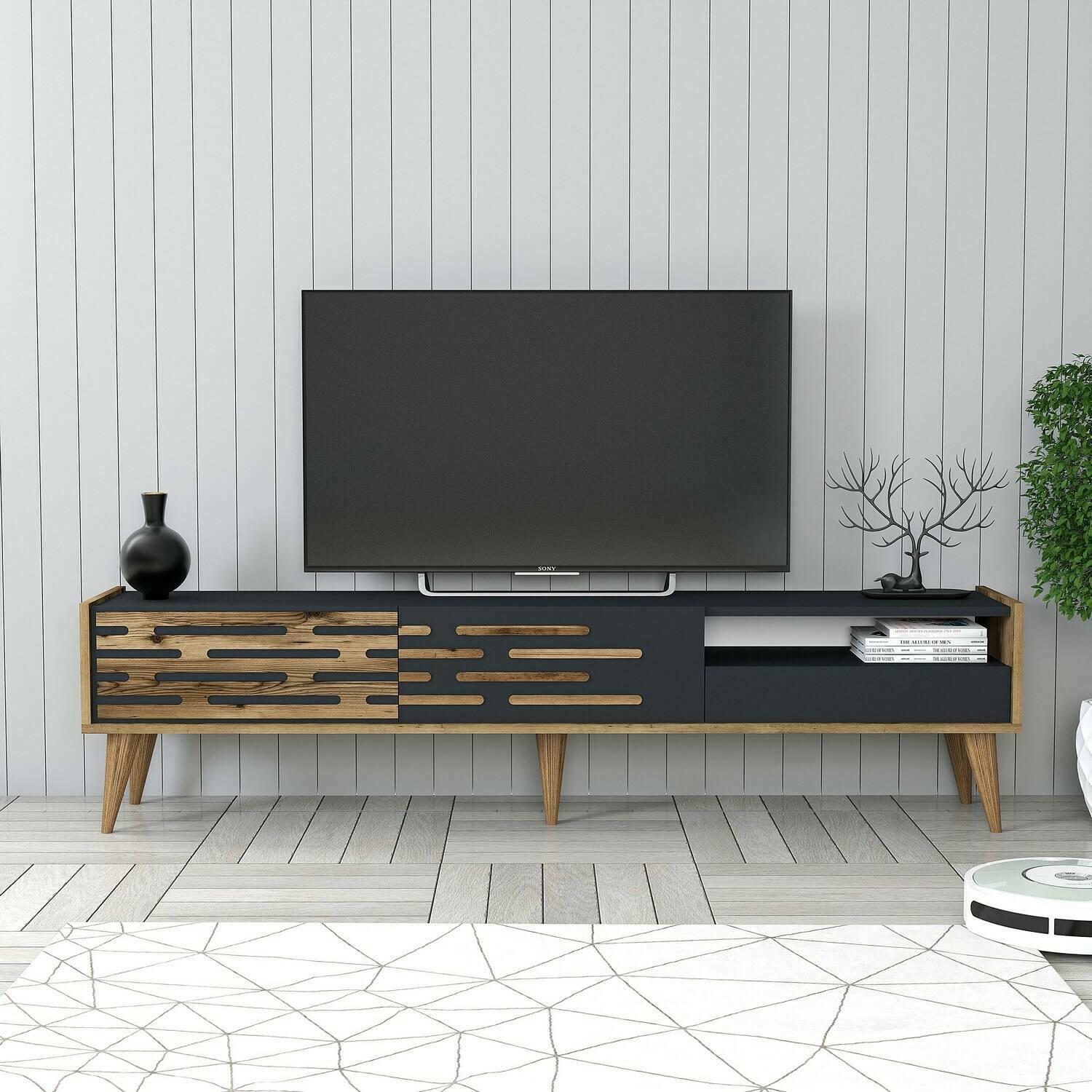 Mobile porta TV Dbrunozz, Credenza da soggiorno, Armadio basso per TV, Base parete attrezzata, 180x45h35 cm, Antracite e Noce