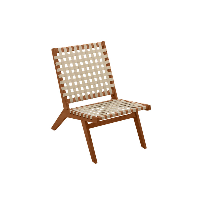 Fauteuil lounge en bois massif et sangles beiges LUCEA