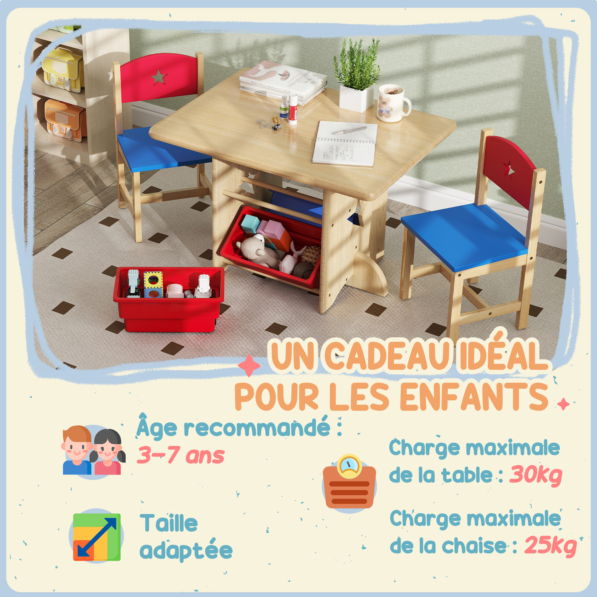 Ensemble table et chaises enfant - 4 bacs de rangement inclus - MDF bois pin clair rouge bleu