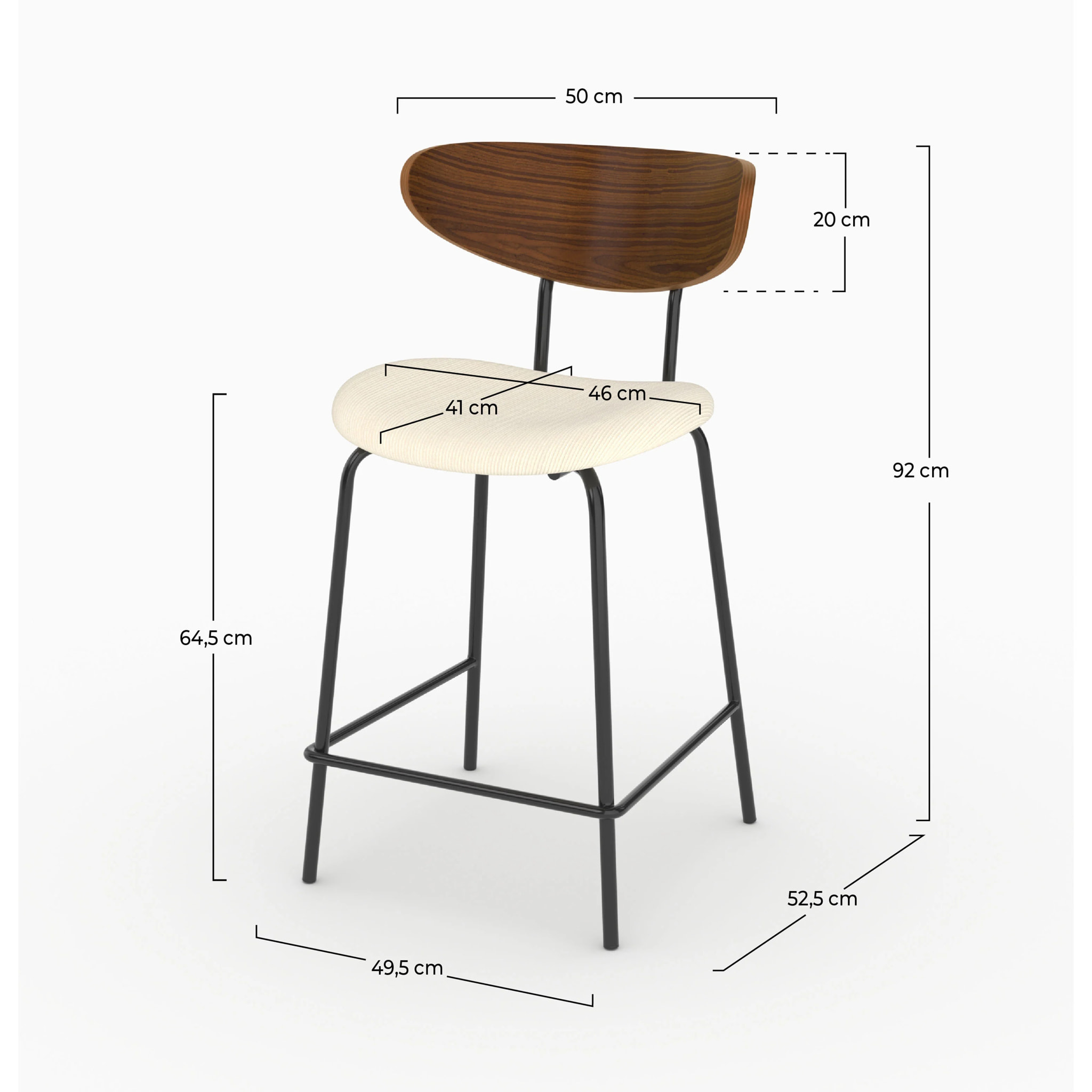 Lot de 2 chaises pour îlot central, velours côtelé blanc crème 64.5 cm - Jade