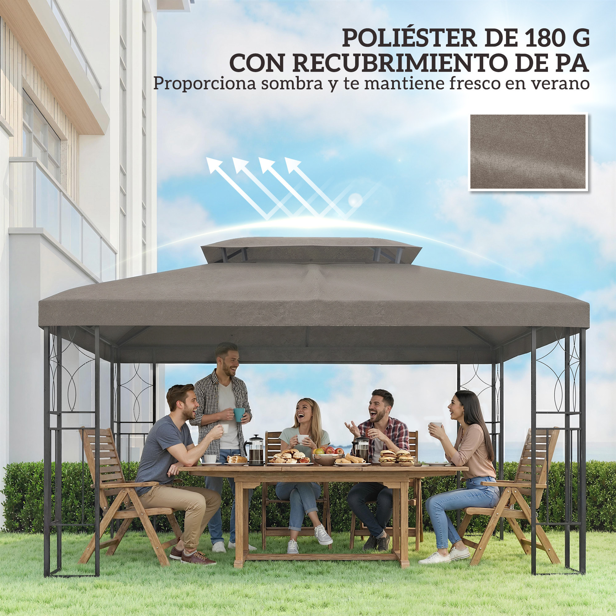 Techo de Repuesto para Cenador, 4x3 m, Cubierta de Repuesto con Techo Doble, 10 Orificios de Drenaje y Protección UV, SOLO Toldo de Recambio para Pabellón Gazebo, Marrón