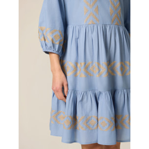 Oltre - Vestito flare in cotone con ricami - Azzurro