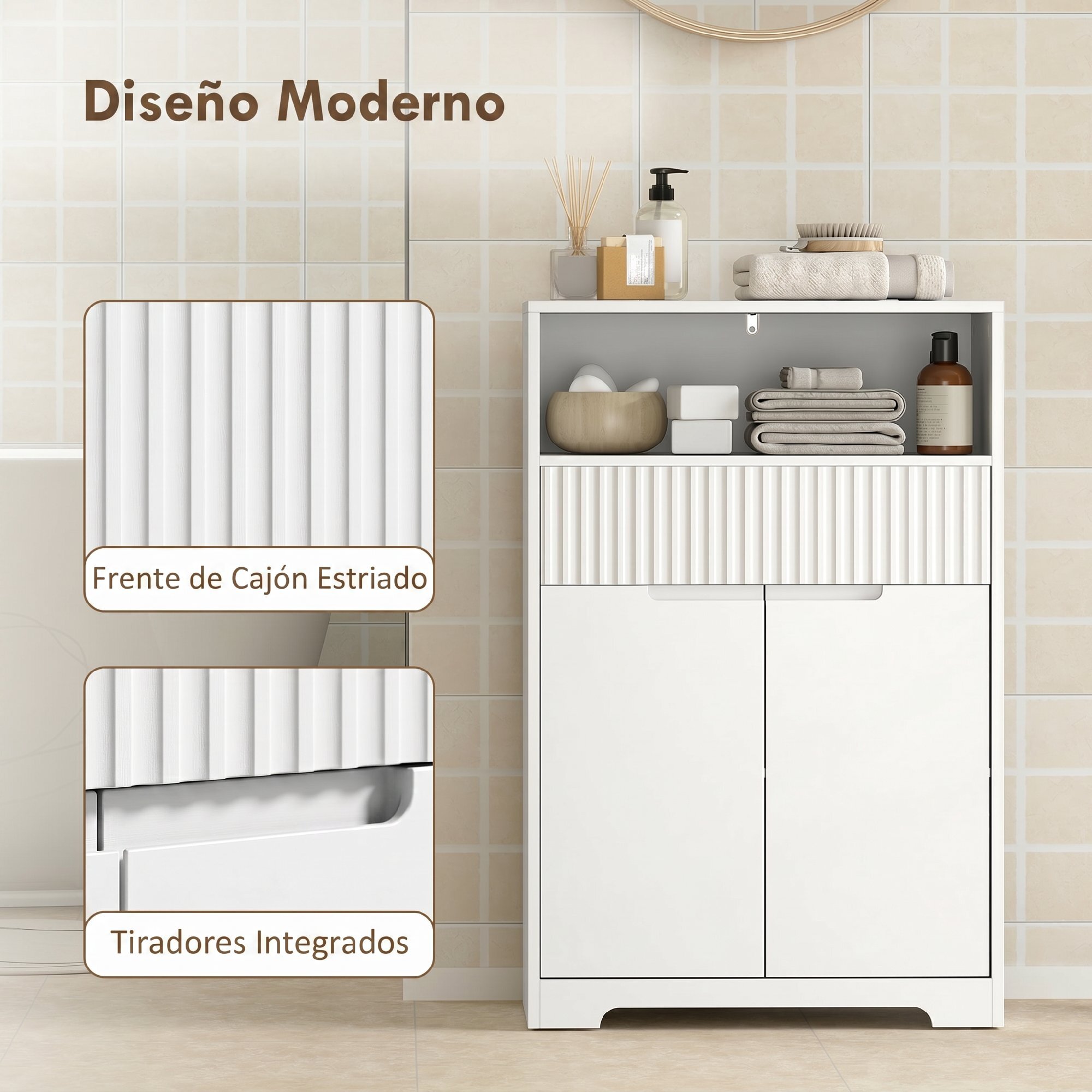 HOMCOM Armario de Baño Estrecho, Mueble de Baño con Cajón de Frontal Acanalado, Estante Abierto, 2 Puertas y Estante Ajustable, Estilo Moderno, 60x30x91,5 cm, Blanco