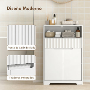HOMCOM Armario de Baño Estrecho, Mueble de Baño con Cajón de Frontal Acanalado, Estante Abierto, 2 Puertas y Estante Ajustable, Estilo Moderno, 60x30x91,5 cm, Blanco