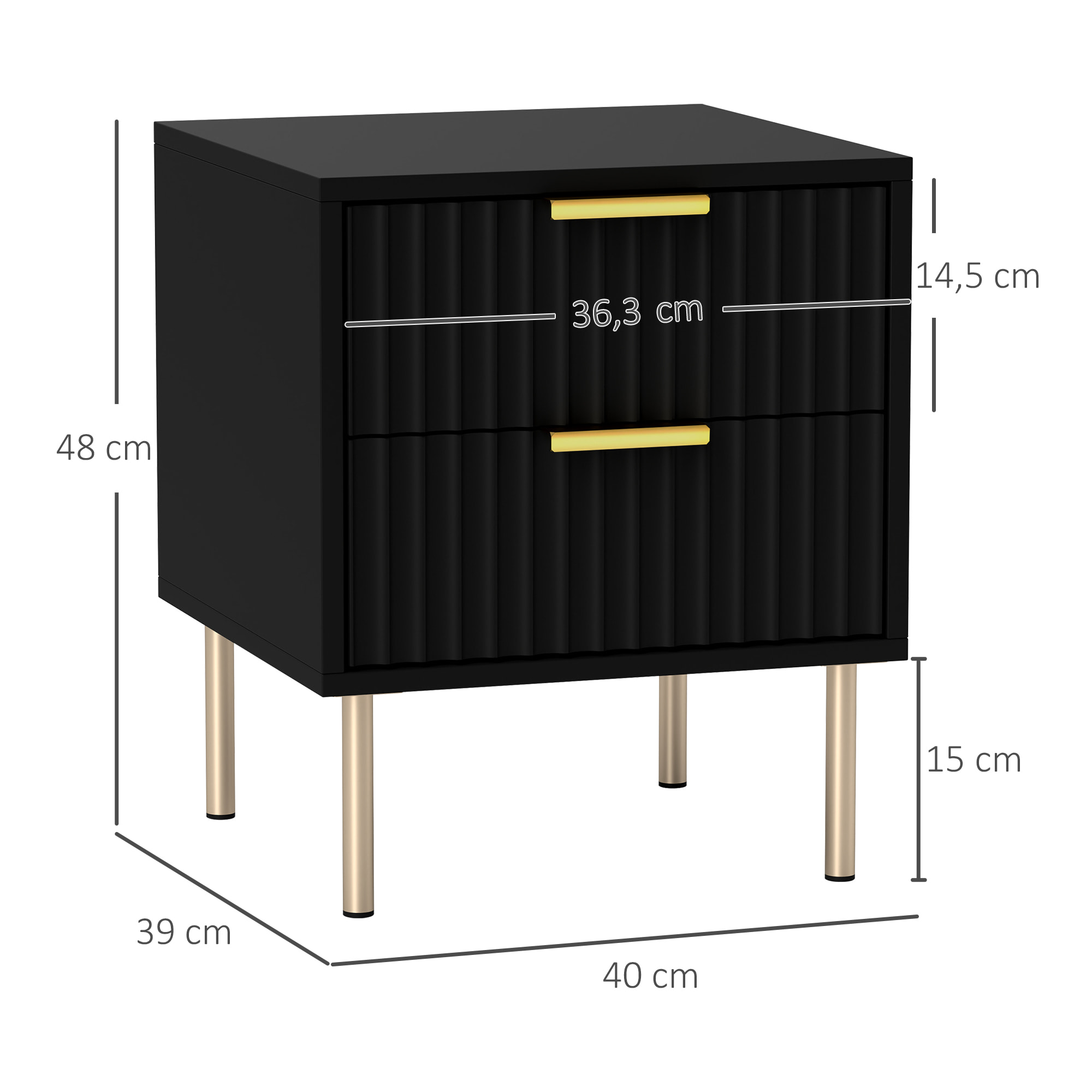 Chevet design contemporain 2 tiroirs effet cannelé coloris champagne doré noir