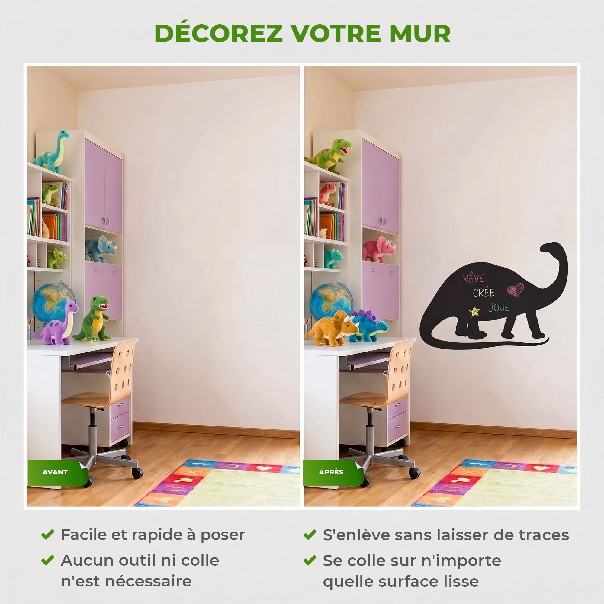 Sticker ardoise tableau noir - stickers muraux adhésif effaçable - SILHOUETTE DINOSAURE
