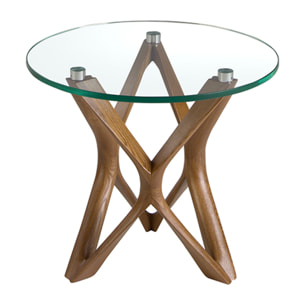 Mesa rincón Angel Cerdá redonda con tapa de cristal templado y patas de madera en nogal 50x50x41cm