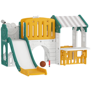 Tobogán Infantil 7 en 1 con Caseta para Niños, Tobogán con Escalera, Aro de Baloncesto, Túnel, Pizarra, Telescopio, para Interior, Amarillo y Verde