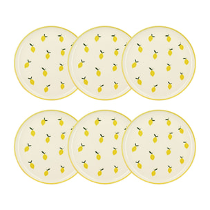 Lot de 6 assiettes plates 26cm en grès jaune et blanc à motif citron CITRON
