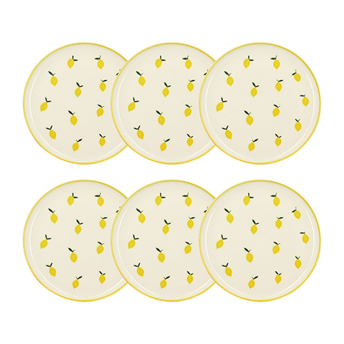Lot de 6 assiettes plates 26cm en grès jaune et blanc à motif citron CITRON