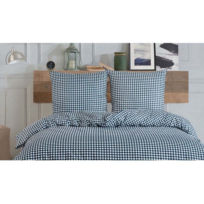 Housse de couette + taie(s) oreiller "Vichy marine" 100% coton imprimé.