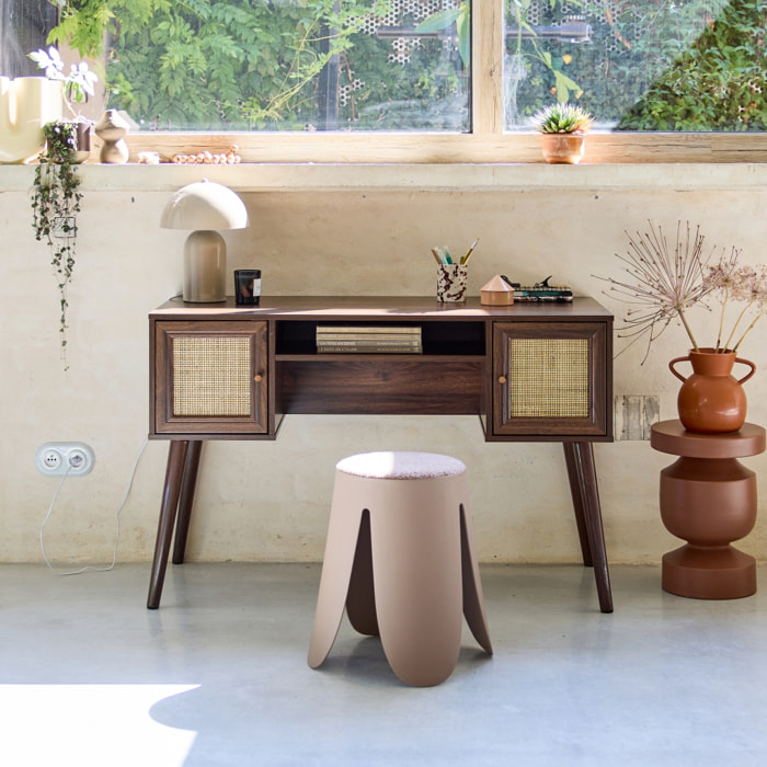 Bureau cannage et décor bois foncé avec 2 portes. 1 casier ouvert. pieds compas
