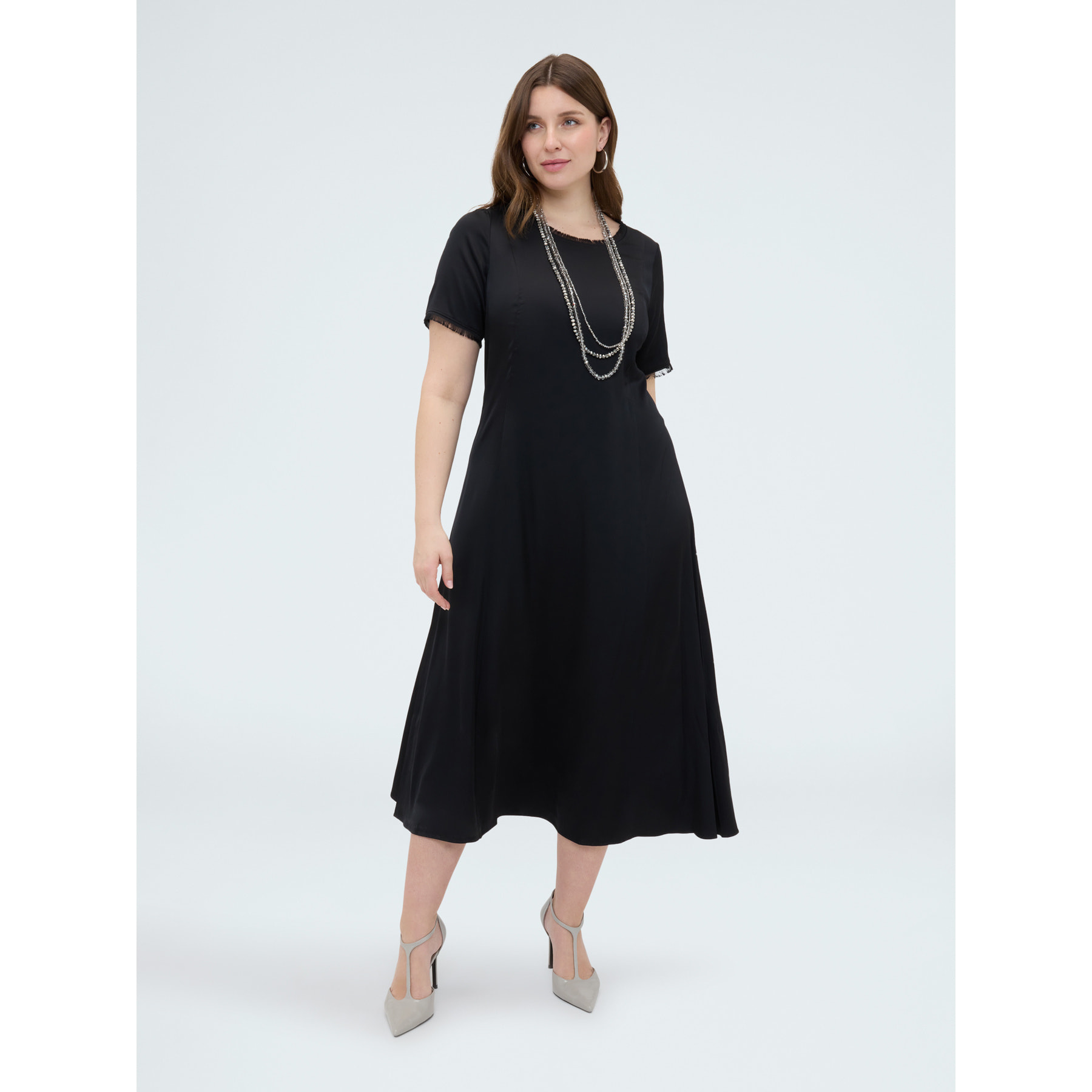 Fiorella Rubino - Vestido línea A en raso con detalles deshilachados - Negro