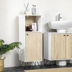 Meuble bas de salle de bain porte étagère niche piètement épingle acier noir panneaux blanc aspect bois clair