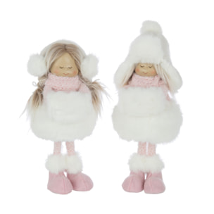 J-Line figurine Filles Debout Chapeau Fourrure - polyester - blanc/rose - large - 2 pcs