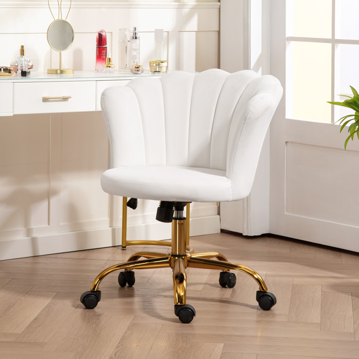 Chaise bureau velours design coquillage piètement acier doré blanc