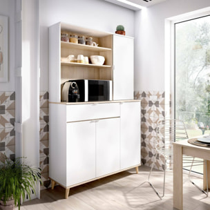 Credenza Sparavero, Buffet dispensa da soggiorno, Madia da salotto moderna a 4 ante, 120x40h191 cm, Bianco e Rovere