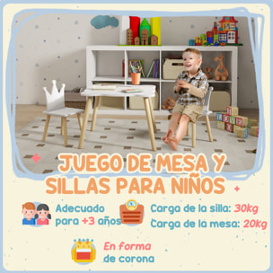 Mesa y Sillas Infantiles de 3 Piezas Mesa Infantil con 2 Sillas con Respaldo en Forma de Corona para Niños de 3-6 Años para Sala de Juegos Dormitorio Guardería Blanco