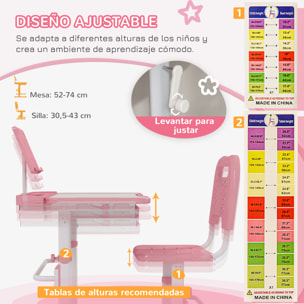 ZONEKIZ Juego de Escritorio y Silla para Niños de 6-12 Años Pupitre Infantil Altura Ajustable con 1 Cajón 1 Estante para Libros y Ángulo de Mesa Ajustable 80x49,5x82-104 cm Rosa y Blanco